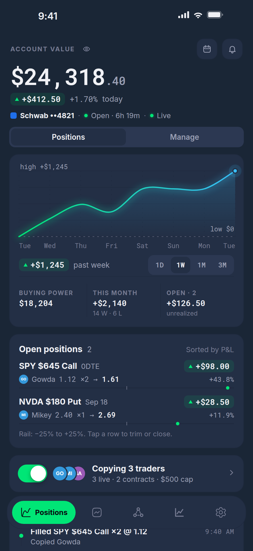 Tickfills iOS app — Positions tab: account value, today's P&L, equity curve and open copied positions