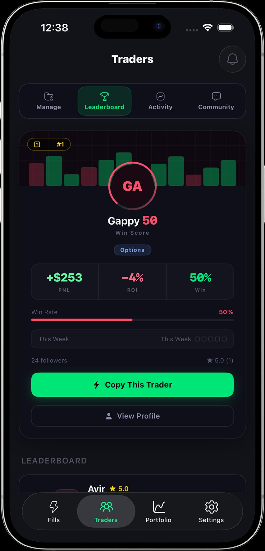 Tickfills iOS app — Traders leaderboard view