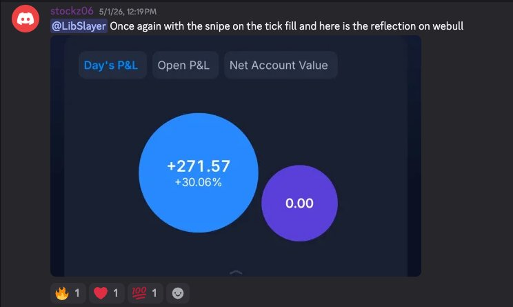 Discord post — stockz06 — webull day P&L +$271.57