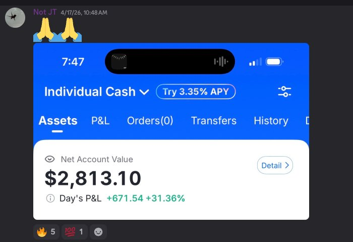 Discord post — Not JT — Day P&L +$671.54