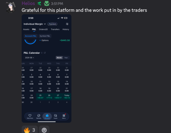 Discord post — Helios — grateful for the platform, options P&L +$445.58