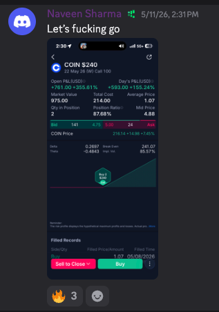 Discord post — Naveen Sharma — COIN $240 call, open P&L +$761.00 (+355.61%)